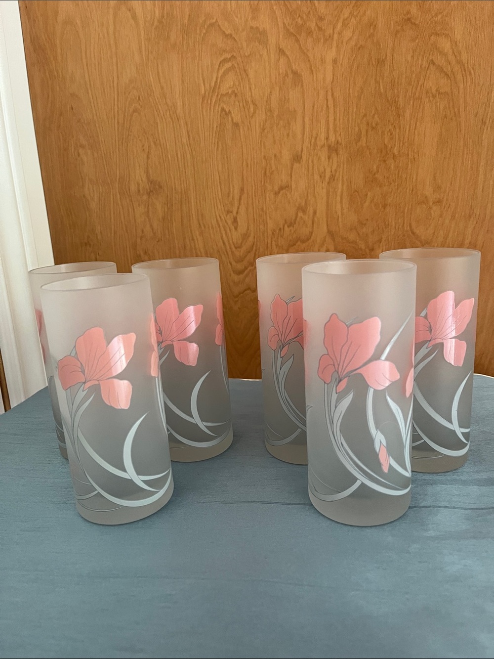Vintage 1980s Cerve Italy Frosted Highball Glasses Pink Iris Pattern  Set of  6